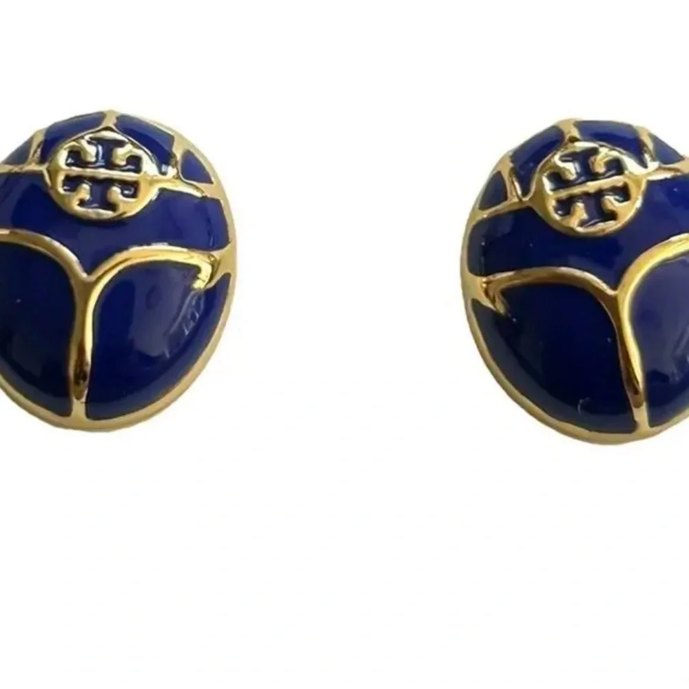 Tory Burch New Blue Enamel Oval Gold-Toned Earrings